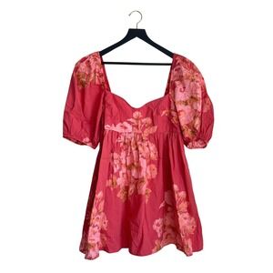 Free People Puff Sleeve Peony Babydoll Cotton Floral Pink Sweetheart Dress Large